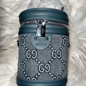 Blue and Denim Patterned Cylinder Bag